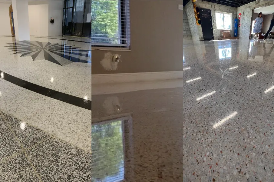 Collage of cement-based terrazzo flooring installations showing decorative patterns and high-gloss finishes