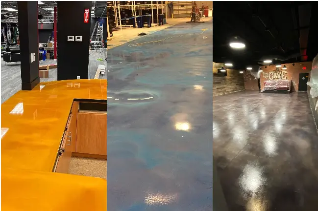 Commercial epoxy floor installation in a large open retail or warehouse space