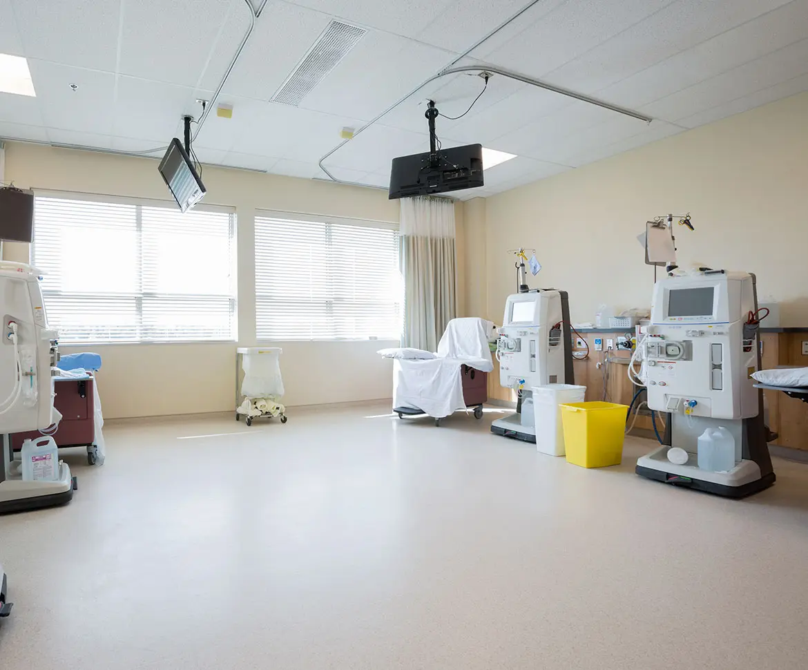 Medical facility hallway with seamless hygienic epoxy floor