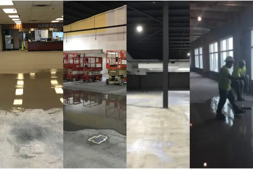 Four-panel collage of SPF Industrial concrete resurfacing projects including retail, warehouse, and commercial spaces