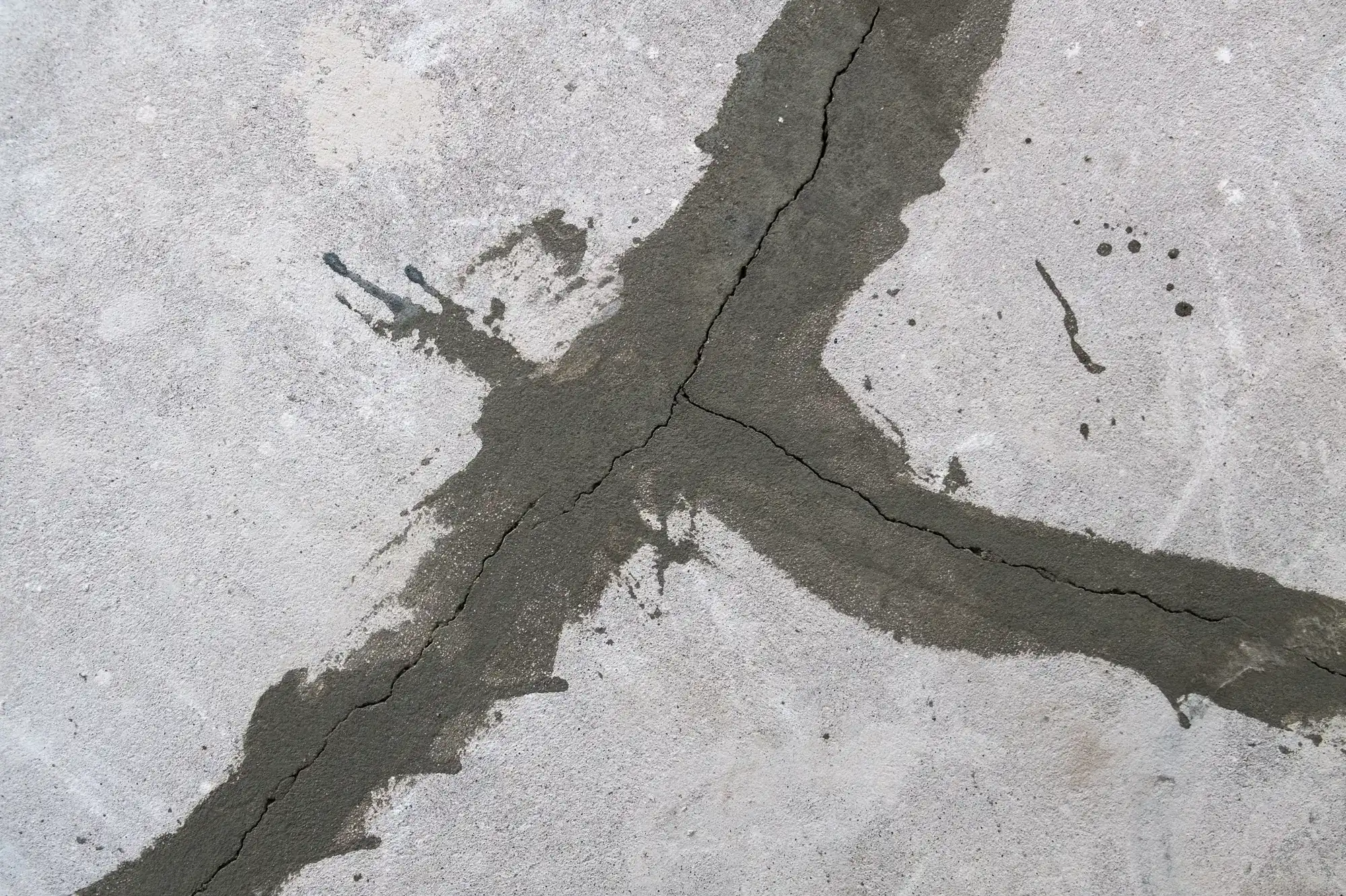 A close-up view of a concrete surface with intersecting cracks that have been filled and patched with fresh, darker cement. Some spots and splatters of cement are visible around the cracks.