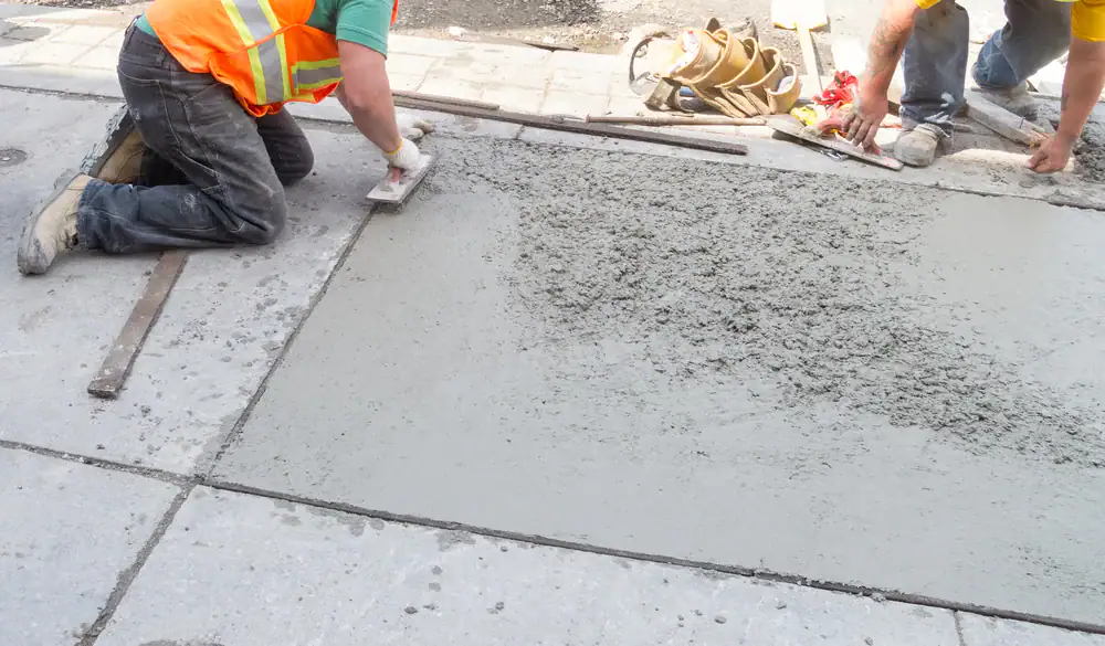 Two construction workers in safety vests smooth out wet concrete on a sidewalk with trowels, working to fill and level a rectangular section. Tools and equipment are visible around them.